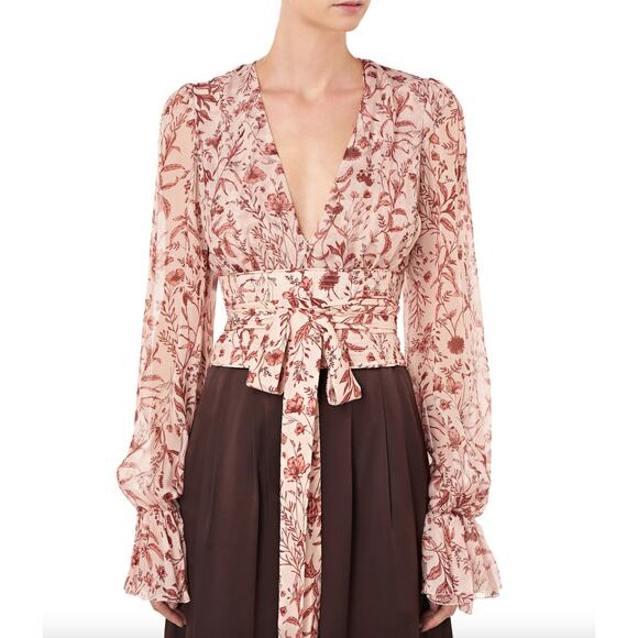 AMUR Helene Tie Waist Floral 100% Silk Wrap Top Size S Blush Wildflowers Pink - Picture 1 of 16
